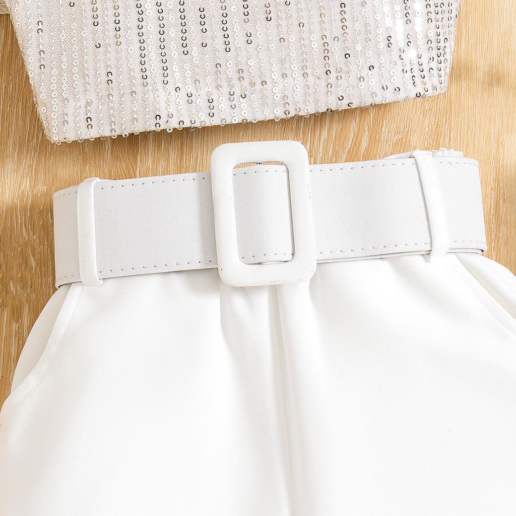 Girls Fashion Suit Summer Kids Sequin Short Sleeve T-shirt + Solid Color Shorts with Belt Suit