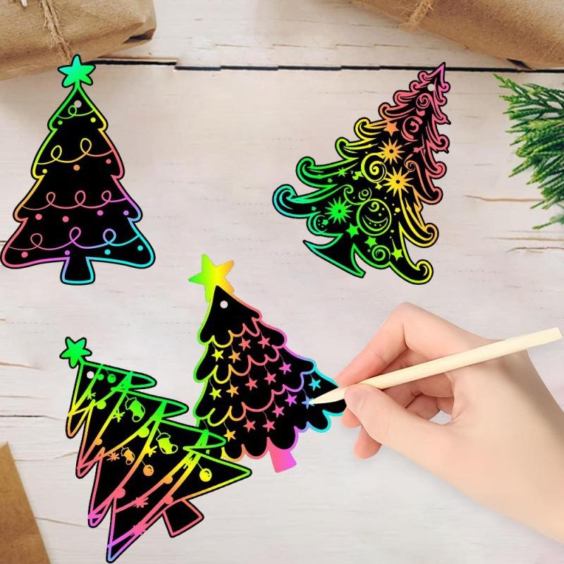 12/24/36Pcs Christmas Scratching Card DIY Art Painting Graffiti Art Christmas Tree Decoration Xmas Children Gift Festival Home Decor
