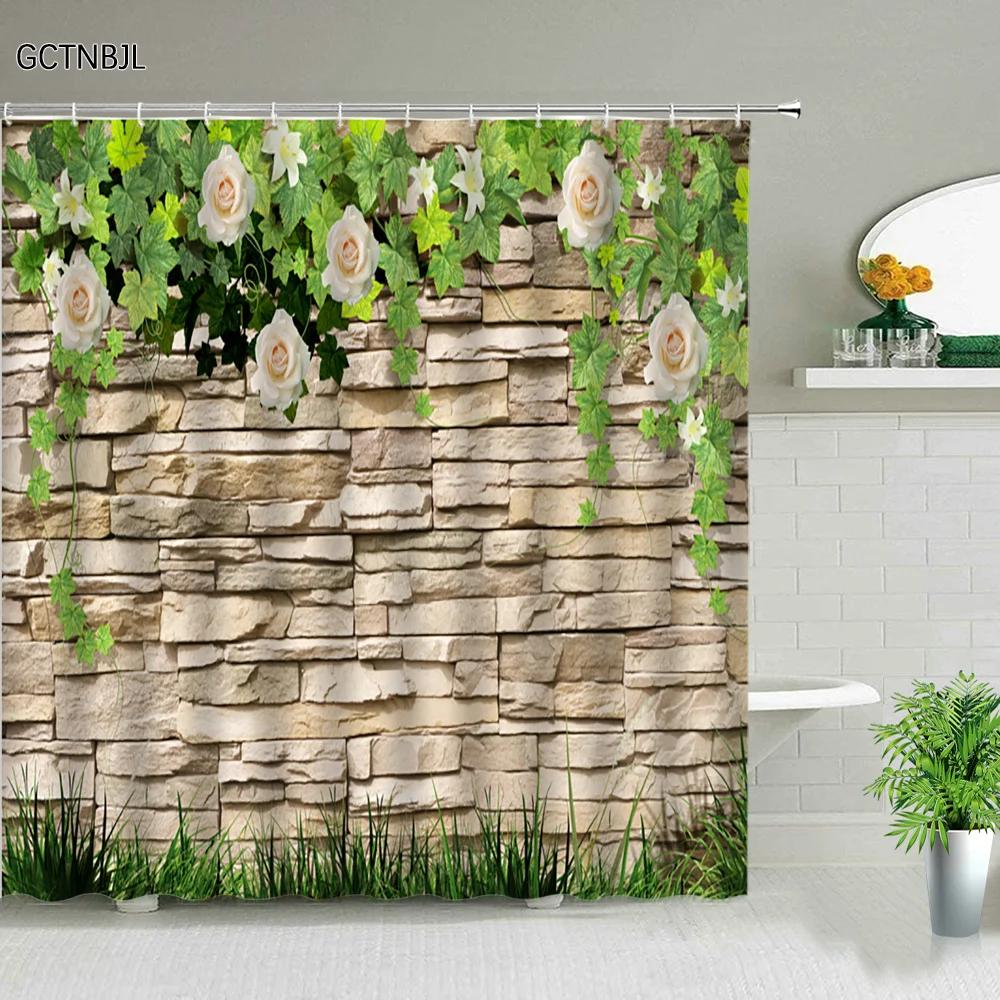 Flowers Green Plants Shower Curtains Set Bathroom Decor Garden Background Wall Hanging Cloth Washable Bathtub Screen With Hooks