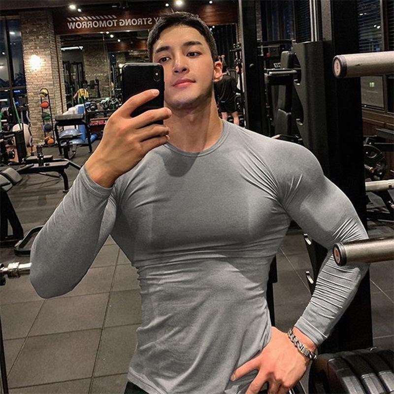 Fitness long-sleeve tight-fitting round-neck T-shirt for men, quick-dry training wear, muscle boy sports shapewear, stretchy T-shirt