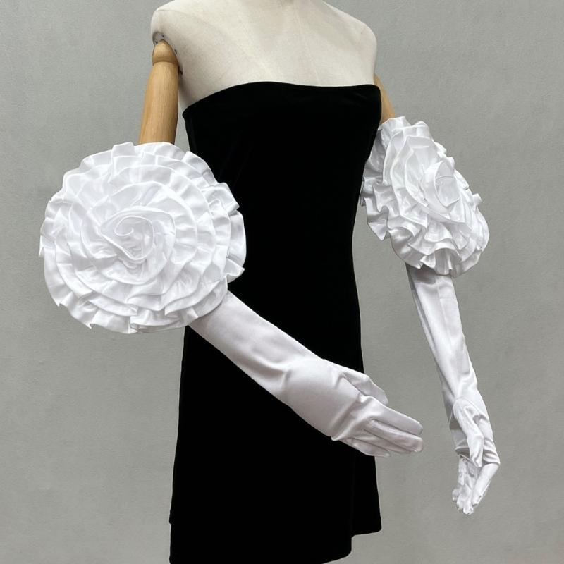 Evening Party Gloves for Women Long Satined Gloves with Large Flower Stage Accessories Elbow Length Dancing Wedding Gloves