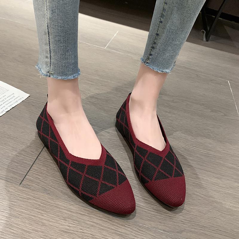 Women's Round Head Flat Shoes Mixed Color Knitted Slip on Shoes Casual Breathable Ballet Flats Woman Flat Shoes  Loafers Female