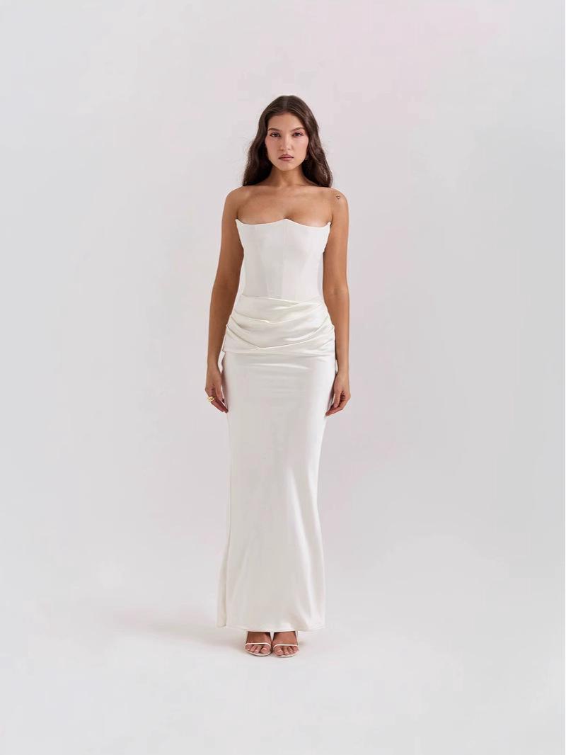 

Европейско-американский стиль 2026 Весна/Осень Женское сексуальное облегающее вечернее платье без бретелек с открытой спиной Extra Large белый