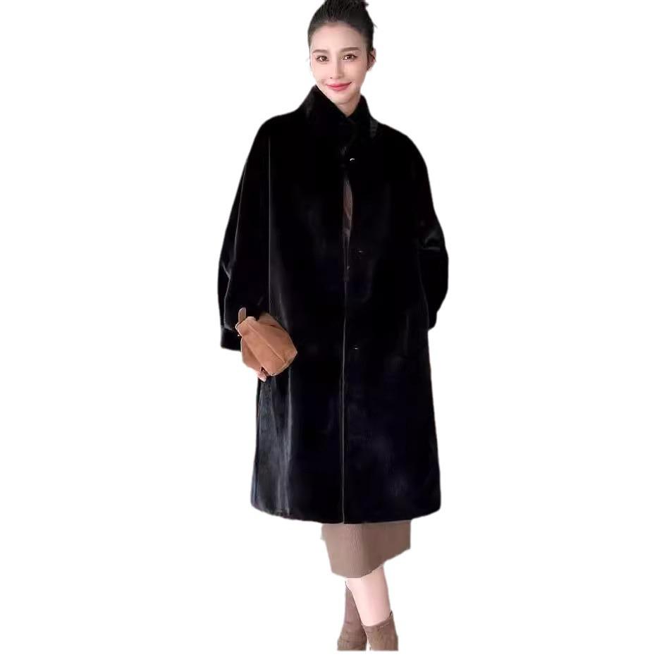 2024 Eco-Friendly Mink Fur Long Coat with Stand-Up Collar - Plus Size & Fashionable