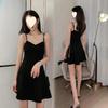 Korean Off-Shoulder V-Neck Slim A-Line Little Black Dress for Women