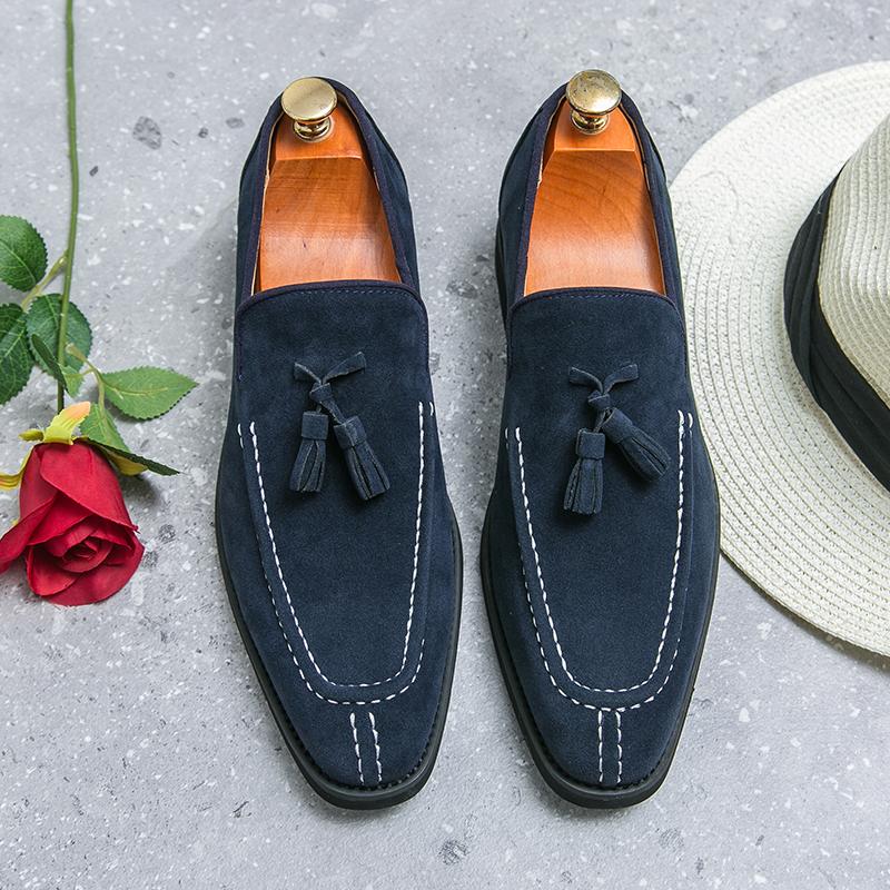 New Britain Fashion Men's Pointed Bule Purple Tassels Slip On Casual Shoes Loafers Formal Wedding Dress Footwear Zapatos Hombre