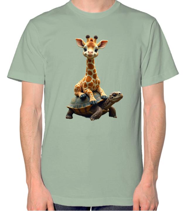 Baby Giraffe Riding A Turtle T-Shirt Cute Adorable Animal Unisex Top L