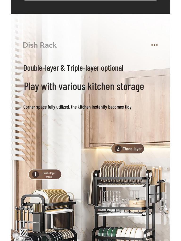Multi-layer Kitchen Storage Rack for Bowls, Plates, Knives, and Chopsticks with Countertop Drain Functionality