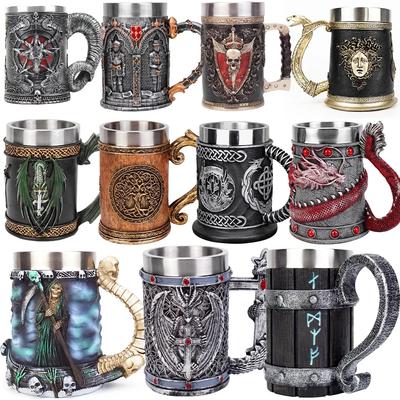 600ML Viking Mug Collection 304 Stainless Steel Insert Resin Beer Danegeld Tankard Coffee Beer Mugs Cup Halloween Friends Gift