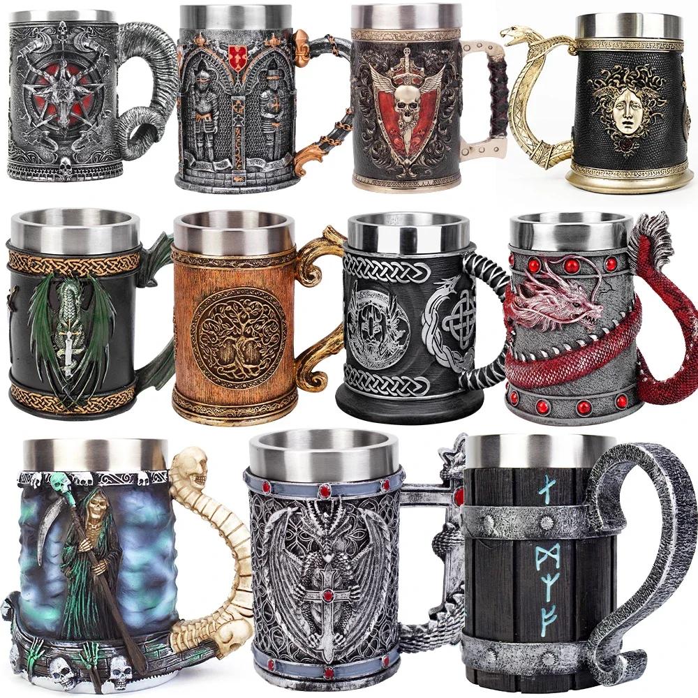 600ML Viking Mug Collection 304 Stainless Steel Insert Resin Beer Danegeld Tankard Coffee Beer Mugs Cup Halloween Friends Gift