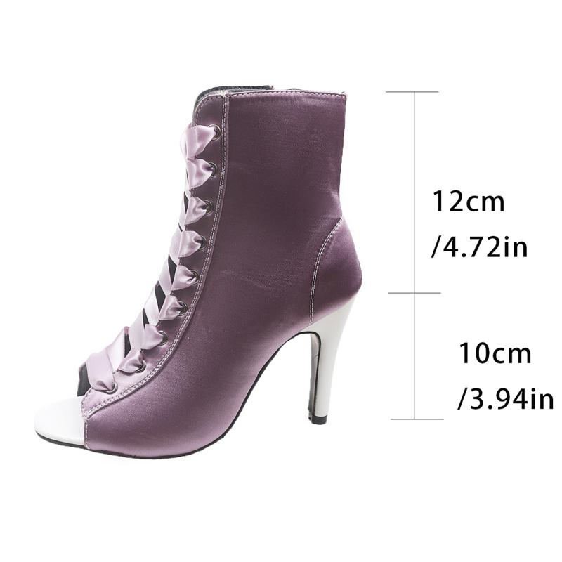 

Fashion Purple Satin Round Peep Toe Latin Jazz Dance Shoes Woman Silk Ribbon Lace-up Club Short Boots Ladies High Heel Salsa Botas 39 фиолетовый