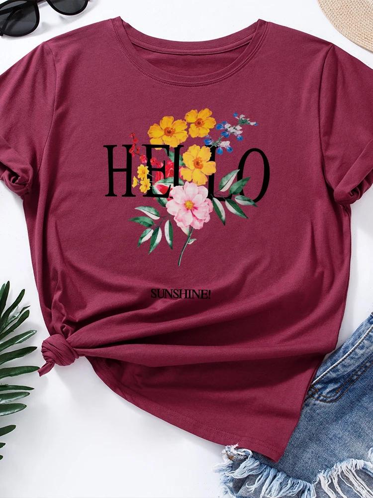 Hello Sunshine Flower Print Women T Shirt Short Sleeve O Neck Loose Women Tshirt Ladies Tee Shirt Tops Clothes Camisetas Mujer