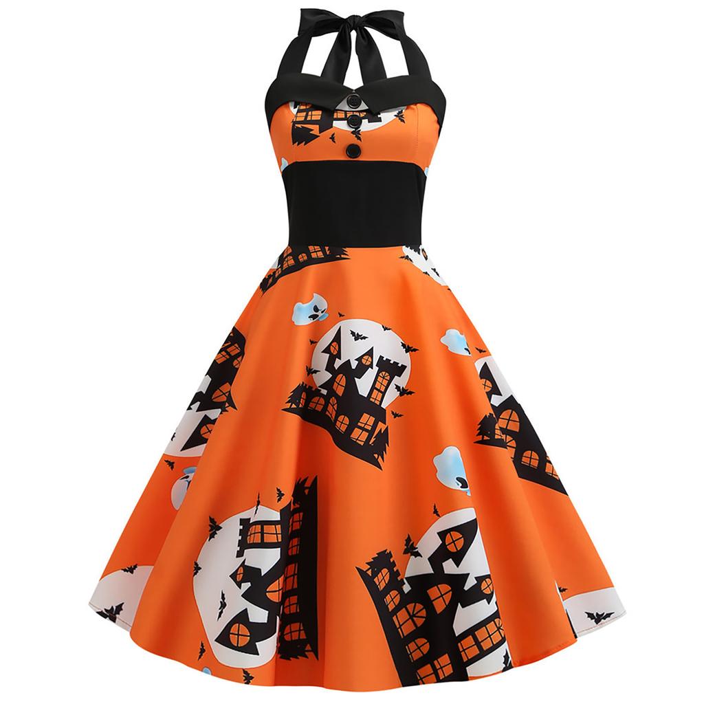 Women Casual Fashion Sleeveless V-neck Button Printed Halloween Dress