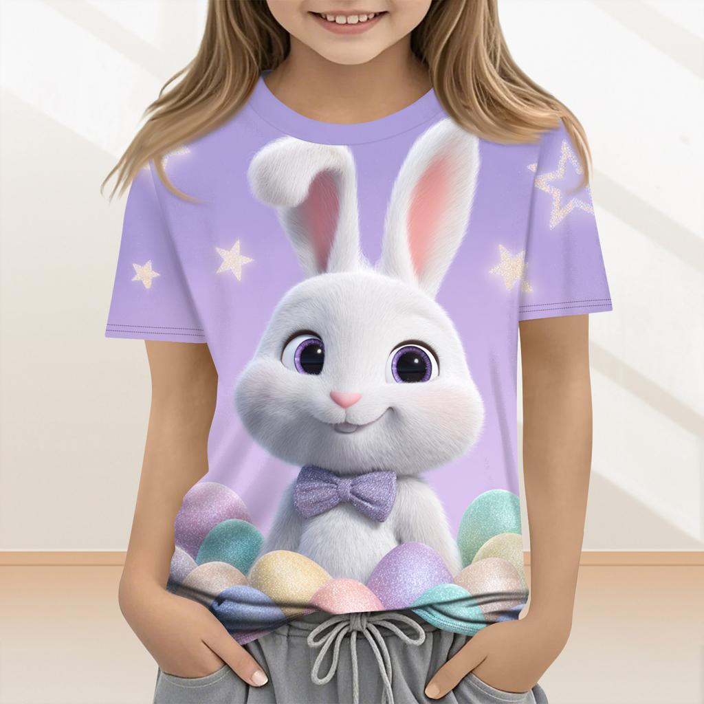 Lässige und modische Osterkleidung für Kinder, mit Hasen, Ostereiern und bedruckten kurzärmeligen Oberteilen und T-Shirts.