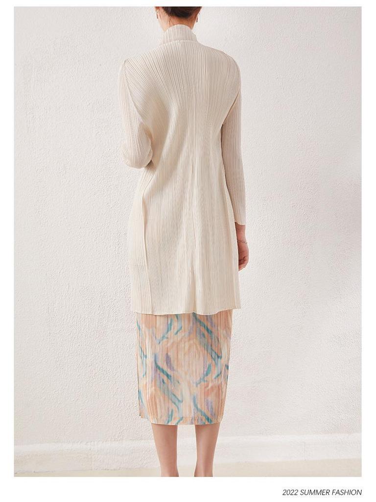 2024 Frühling Damen Midilanger Miyake Zahnstocher Cardigan - Langärmelig, Lässige lockere Passform, Plissierte Oberbekleidung