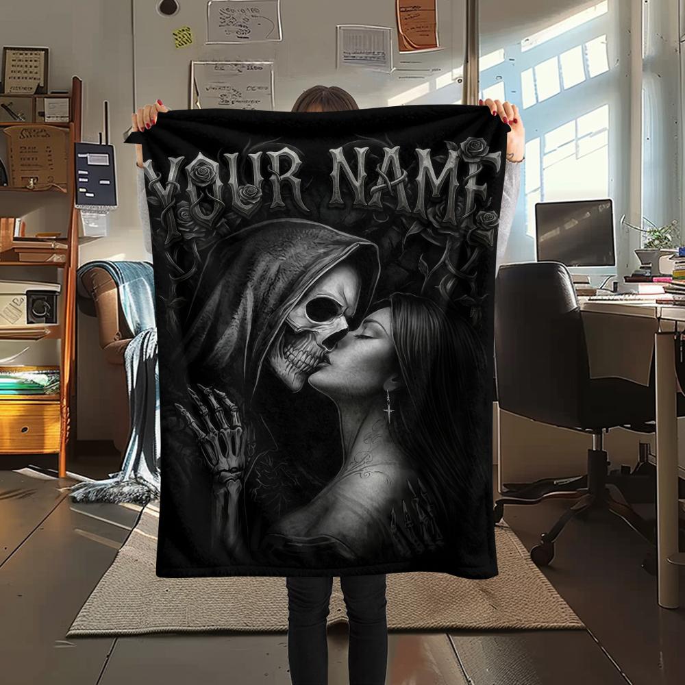1PC Custom Name Pink Angel Skulls Patterned Flannel Blanket Suitable For All Seasons for Home Decor Warmth and Comfort Gifts Holiday Present_lx