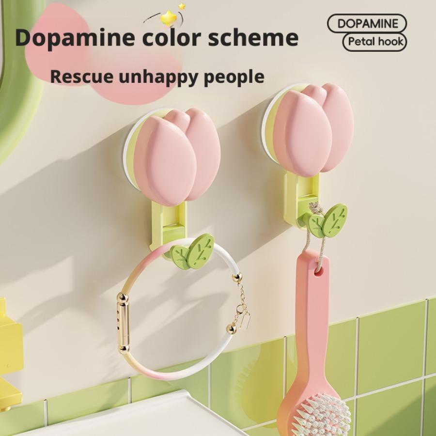 Tulip Suction Cup Hooks Towel Rack No Drill Adhesive Hook Wall Mounted for Kitchen Bathroom, Vacuum Suction No Fall Off Heavy Duty