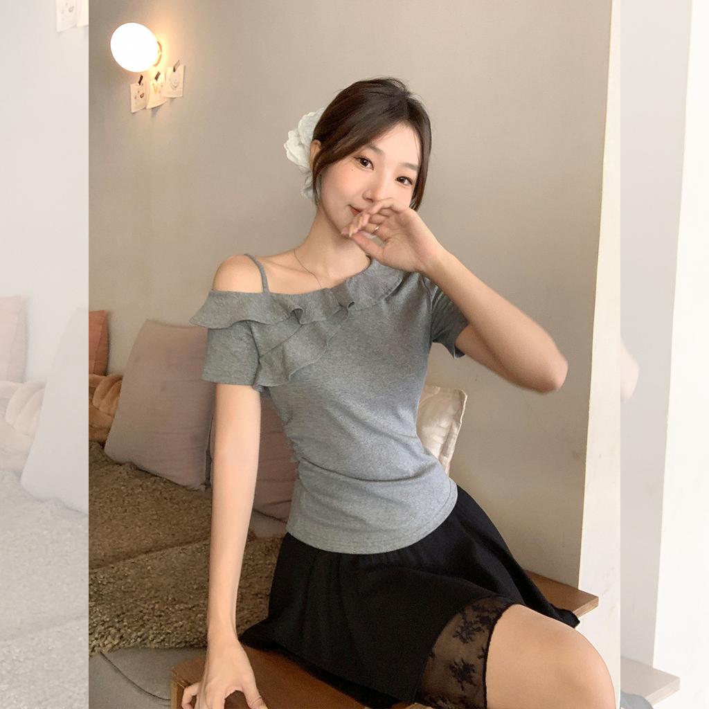 Summer unique design ruffle pleated slanted shoulder short-sleeved T-shirt women's off-the-shoulder thin sexy