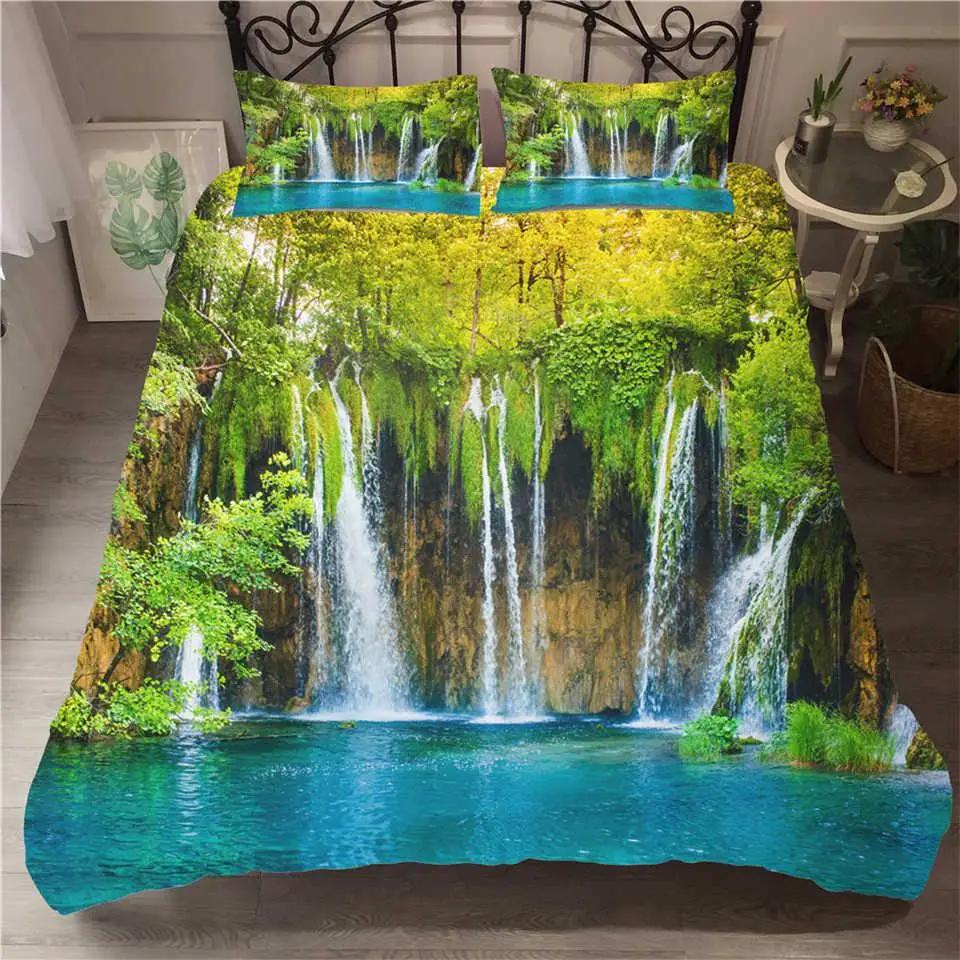Waterfall Duvet Cover Set Natural Scenery Quilt Cover Pillowcase Landscape Forest Waterfall Queen Size Polyester Bedding Set