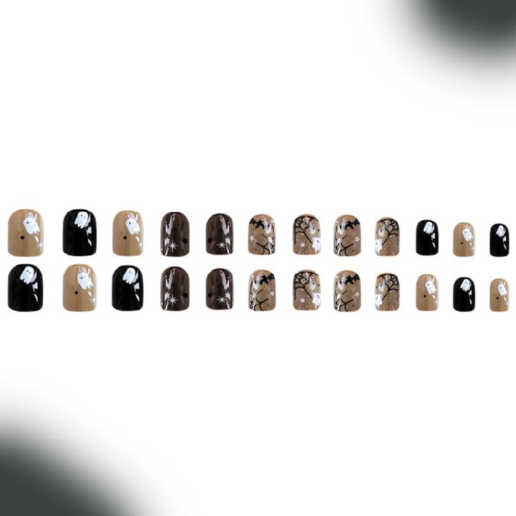 Halloween Nail Art Set 24PCS Cobweb Details And Shimmering Bat Motifs Press On Short Nails