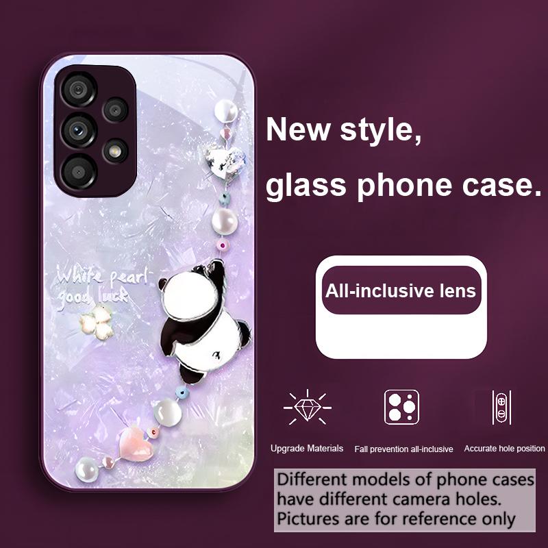 Beaded Panda Silver For Samsung Galaxy S23 U Ltra 24 Plus S20 21 FE S25 Ultra A70 A72 73 51 52 53 Tempered Glass Phone Case