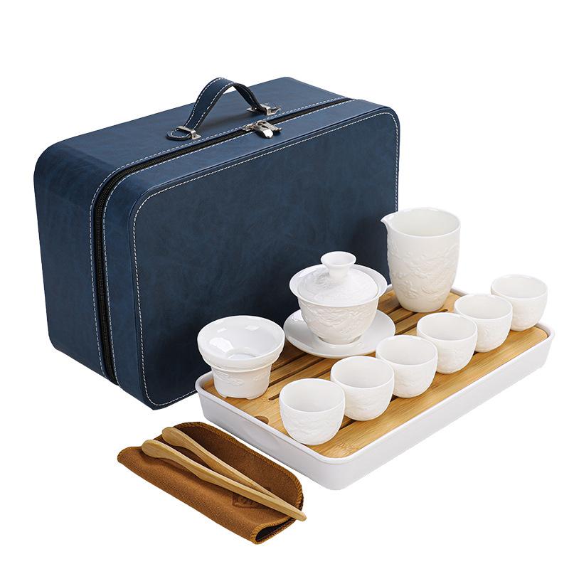 Embossed Suet Jade Ceramic Simple Tea Set Gift Box with Tea Tray Business Gift