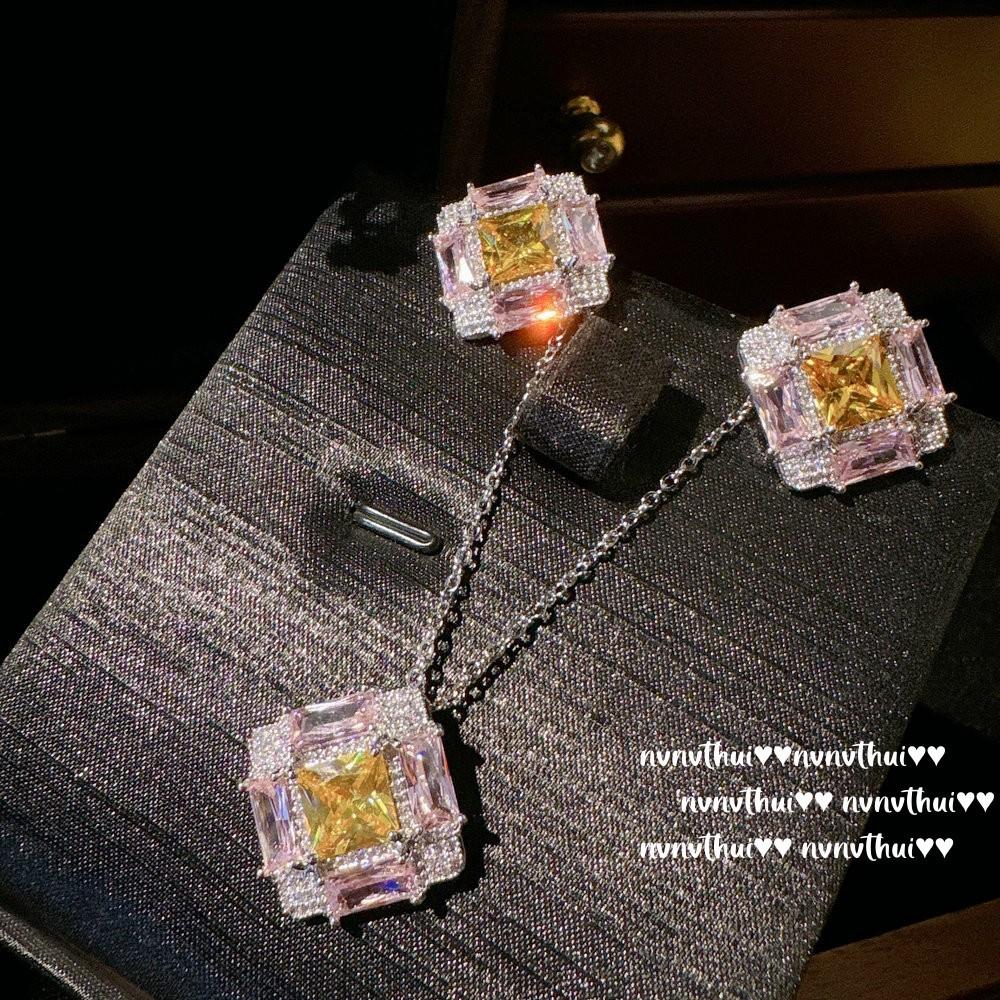 Nvnvthui Papalacha Pink Jewel Necklace, Sotheby'S, 18K Gold Plated, Twilight Yellow Fat Square Zircon Earrings