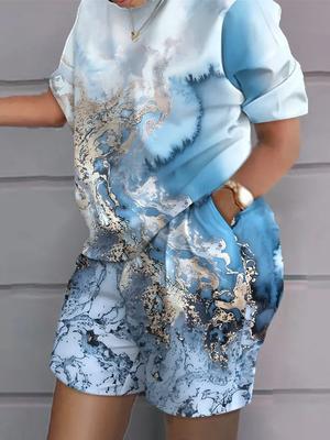 Casual Top & Shorts Set Sets Casual Short Sleeve Tshirt Outfit Women Summer Gradient 3D Print Pocket Short Sets Suit Female T Shirt Shorts