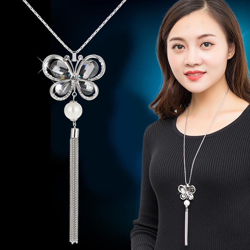 Elegant Korean Style Butterfly Sweater Necklace With Pearl Tassels For Women