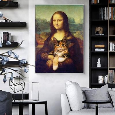 Mona Lisa hält die Katze, lustige Kunst-Leinwandgemälde an der Wand, Kunstposter und Drucke, Da Vinci, berühmte Kunstbilder, Cuadros