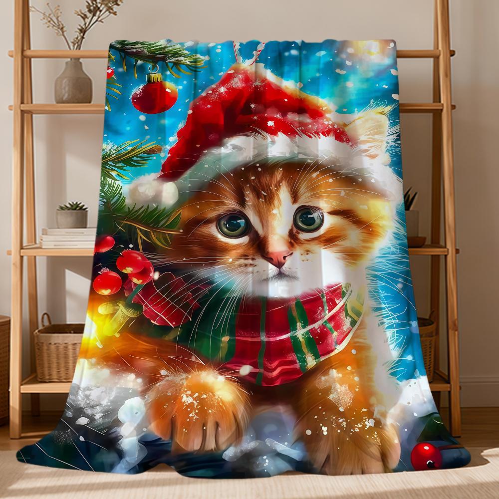 Cute fashion winter Christmas cat art Flannel soft warm plush blanket sofa living room pet hogar bedroom gift home Car portable