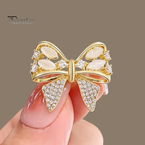 Bowknot Lapel Pin Rhinestone Bow Brooch, Cat Eye Stone Pin, Sweater Dress Embellishment Cardigan Coat Suits Clothing Accessories, Jewelry Gift