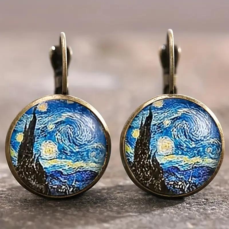Vintage Anitique Gold Plated Starry Night Sunflower Glass Earrings For Women Classic Van Gogh Jewelry Accessories
