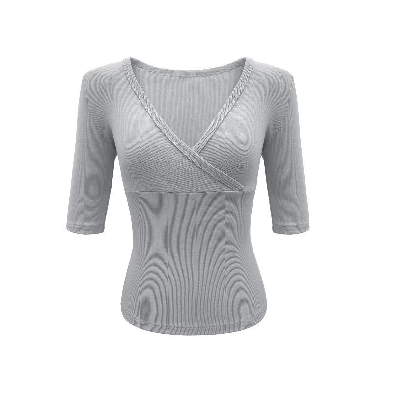 GlowGirl Elegant Pure Color Slim Fit Cross Collar Mid Sleeve T-Shirt Women's Summer Fashion Casual Cotton Blend V-neck Top