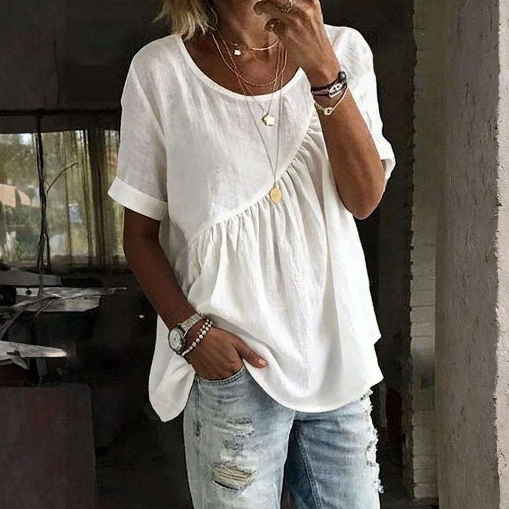 Women's Fashion Loose-Fit Round-Neck Short-Sleeve Gathered T-Shirt Top