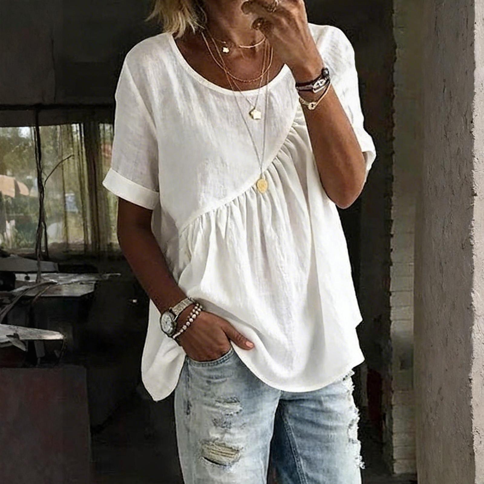 

Женская модная свободная футболка с круглым вырезом, коротким рукавом и сборками L белый