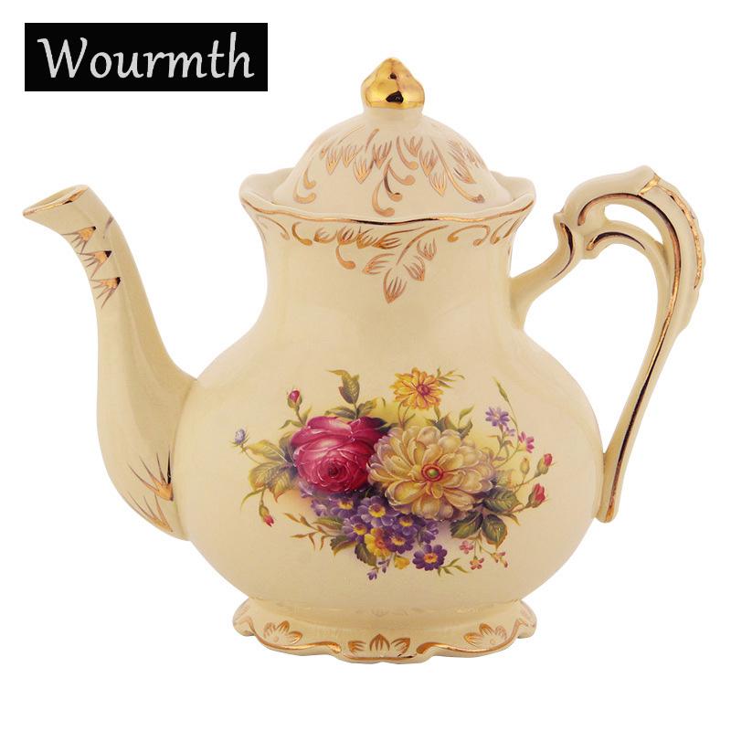 New Lvory Porcelain Coffee Pot Rose Pattern Gold Rim Tea Set Afternoon Tea Large-Capacity Household Cold Kettle Wedding Gift