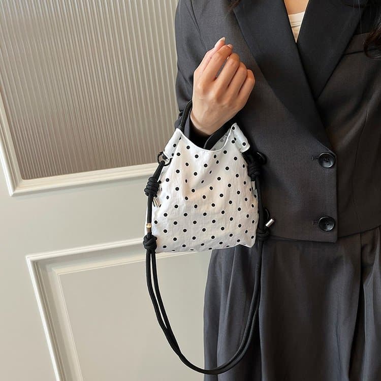 Vintage Polka Dot Drawstring Mini Bucket Bag