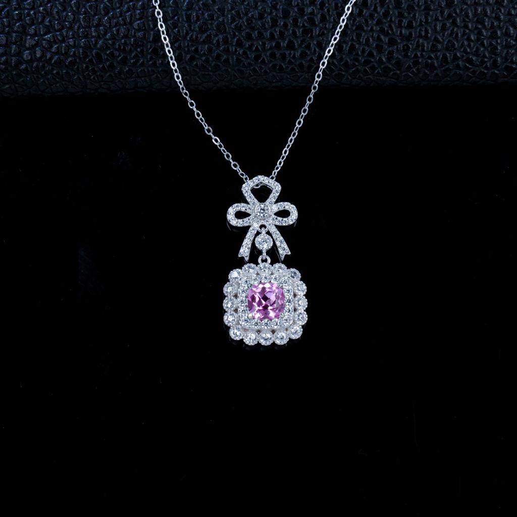 Zhou Hengfu Light Blue Sapphire Pendant with Bowknot In S925 Silver & White Gold Chain