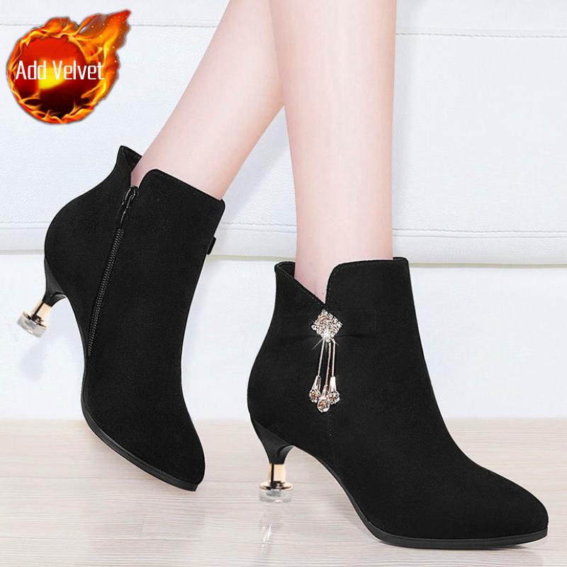 Rhinestone Pointed Toe Ankle Boots for Women Autumn Winter Elegant with Medium Heels Warm Woman Short Shoes Black New in Booties