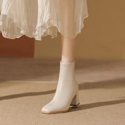 Skinny Boots Women's Head Black Martin Boots Autumn and Winter Short Boots Children's Velvet White Thick Heel High Heel Short Boots Women