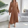 Abito Lungo da Donna a Maniche Lunghe Scollo a V Linea ad A Monocolore Pieghettato Vita Alta Primavera Estate