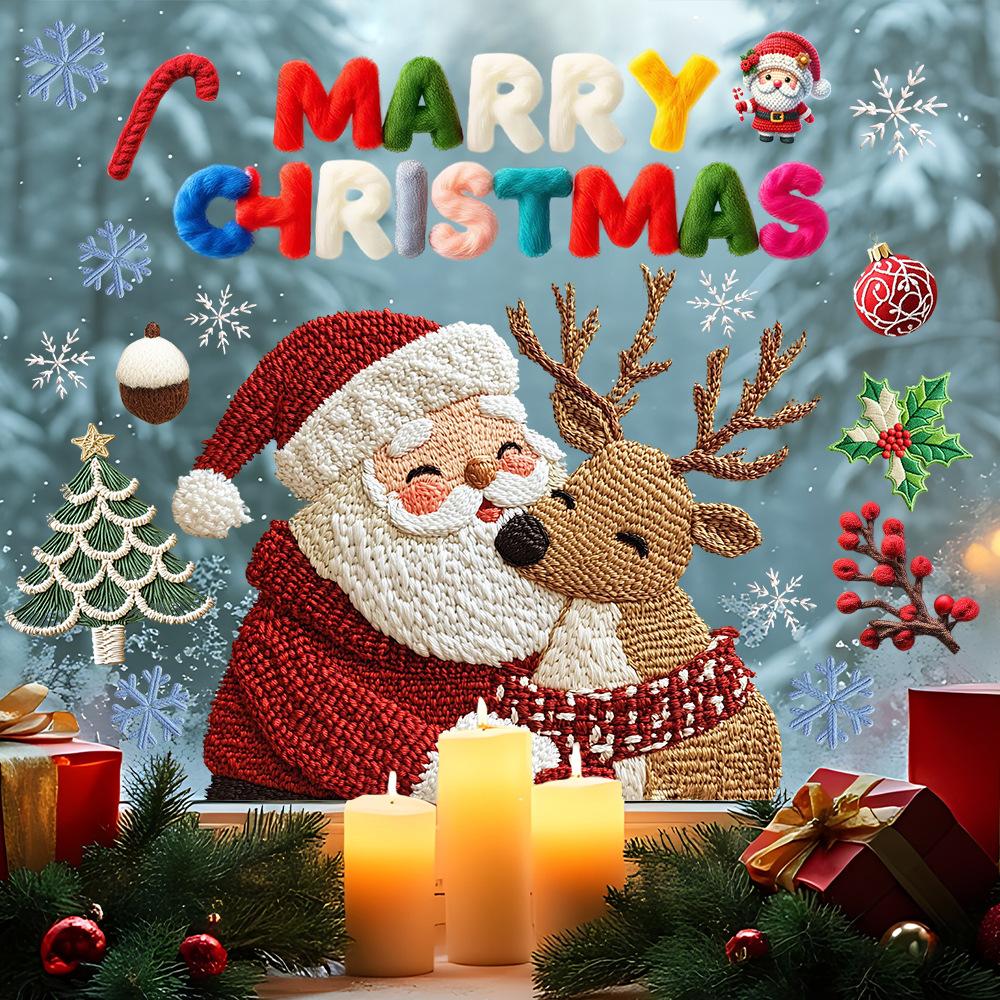 Santa Claus, Reindeer, Woolen Glass Stickers, Living Room Window Stickers, Holiday Static Stickers, Party Decoration Stickers