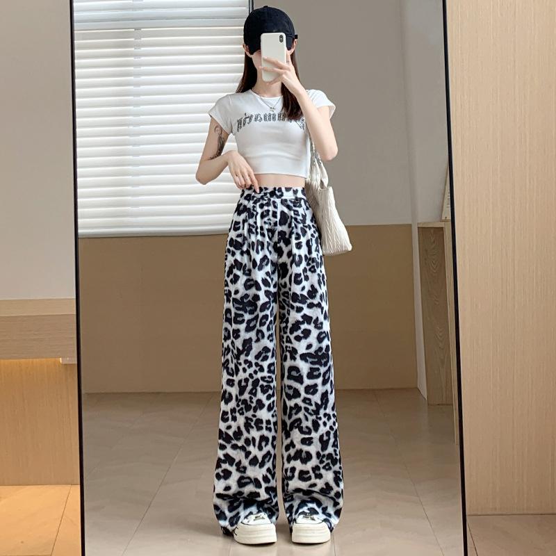 

Леопардовый принт широкие брюки женские летние с высокой талией утягивающие прямые повседневные брюки до пола XS чёрный
