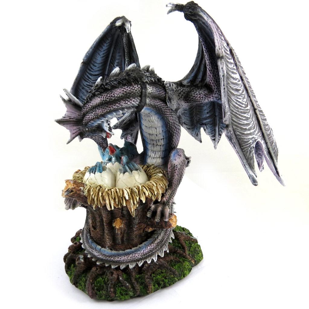 Les Trésors De Lily [L8838] - Figurine 'Mystical Dragon and Its Little Ones' Grey-blue - Height 38 Cm