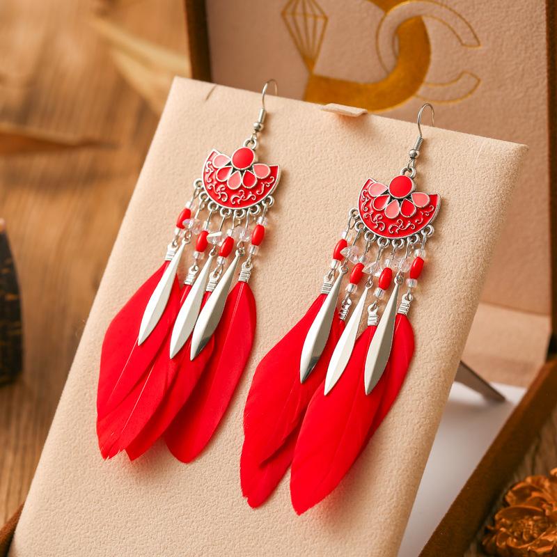 

New Bohemian Vintage Long Feather Zircon For Women Carved Geometric Flower Enameled Earrings Beads Handmade Drop Dangle Earings красный