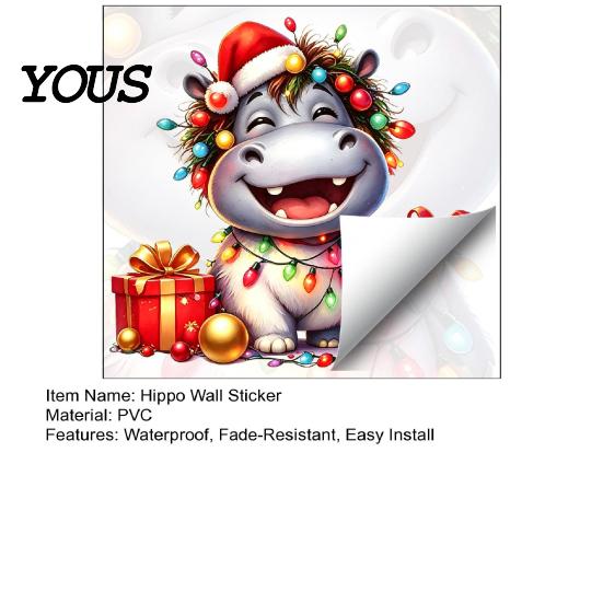 Self Adhesive Bathroom Glass Film Cartoon Hippo Christmas Wall Decal, Cute Sticker with Colorful Lights & Decorative Stickers for Balcony Xmas Balls,