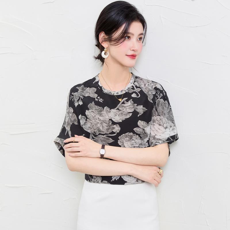 Mulberry Silk 100% Double Crepe Jacquard Summer Loose Breathable T-shirt for Women