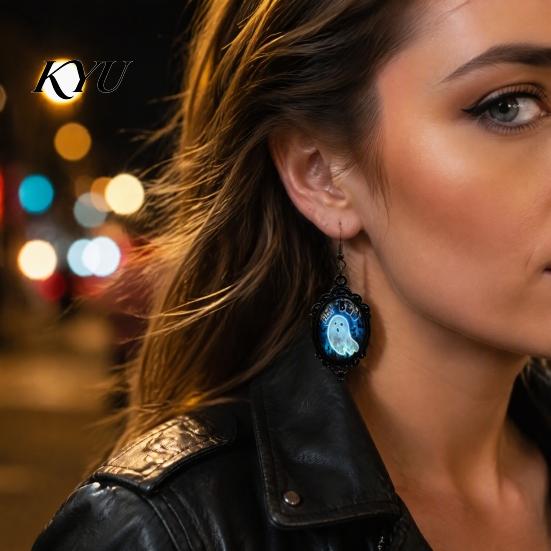 Unique Holiday Gift Gothic Ghost Earrings, Vintage Style Matte Black Alloy Dangle Dark Academia Accessories Halloween Decorative Jewelry for