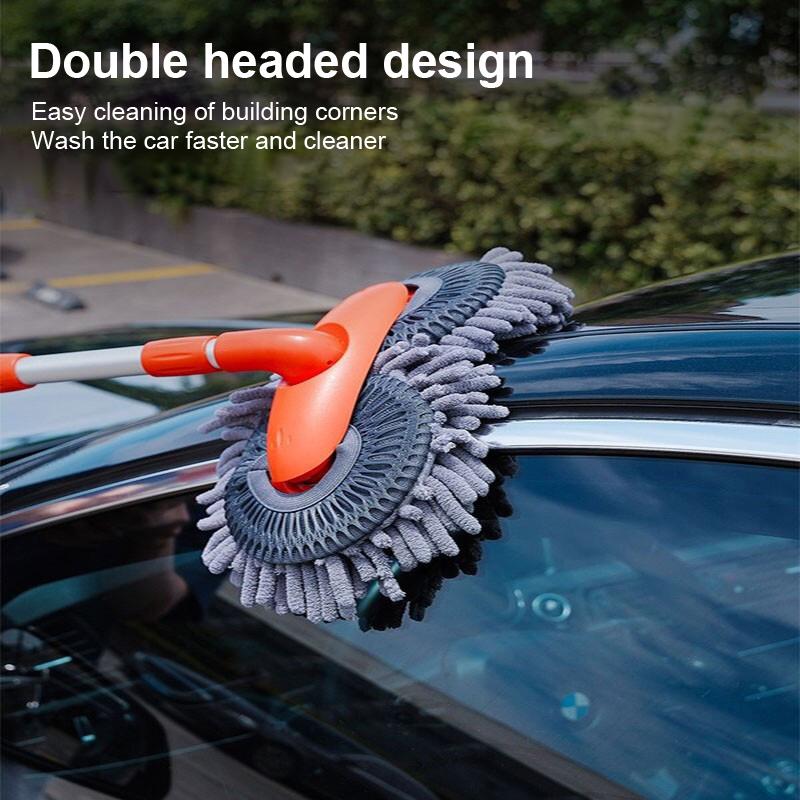 Rotating Double Brush Head Car Wash Mop Auto Supplies Three-Section Telescopic Mop Roof Window Cleaning Maintenance Accessories